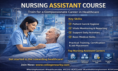 Nursing assistant course training students in patient care, hospital support, and healthcare services